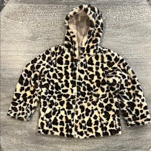 PatPat Girls 5-6 Cream and Black Leopard Print Hooded Fleece Jacket